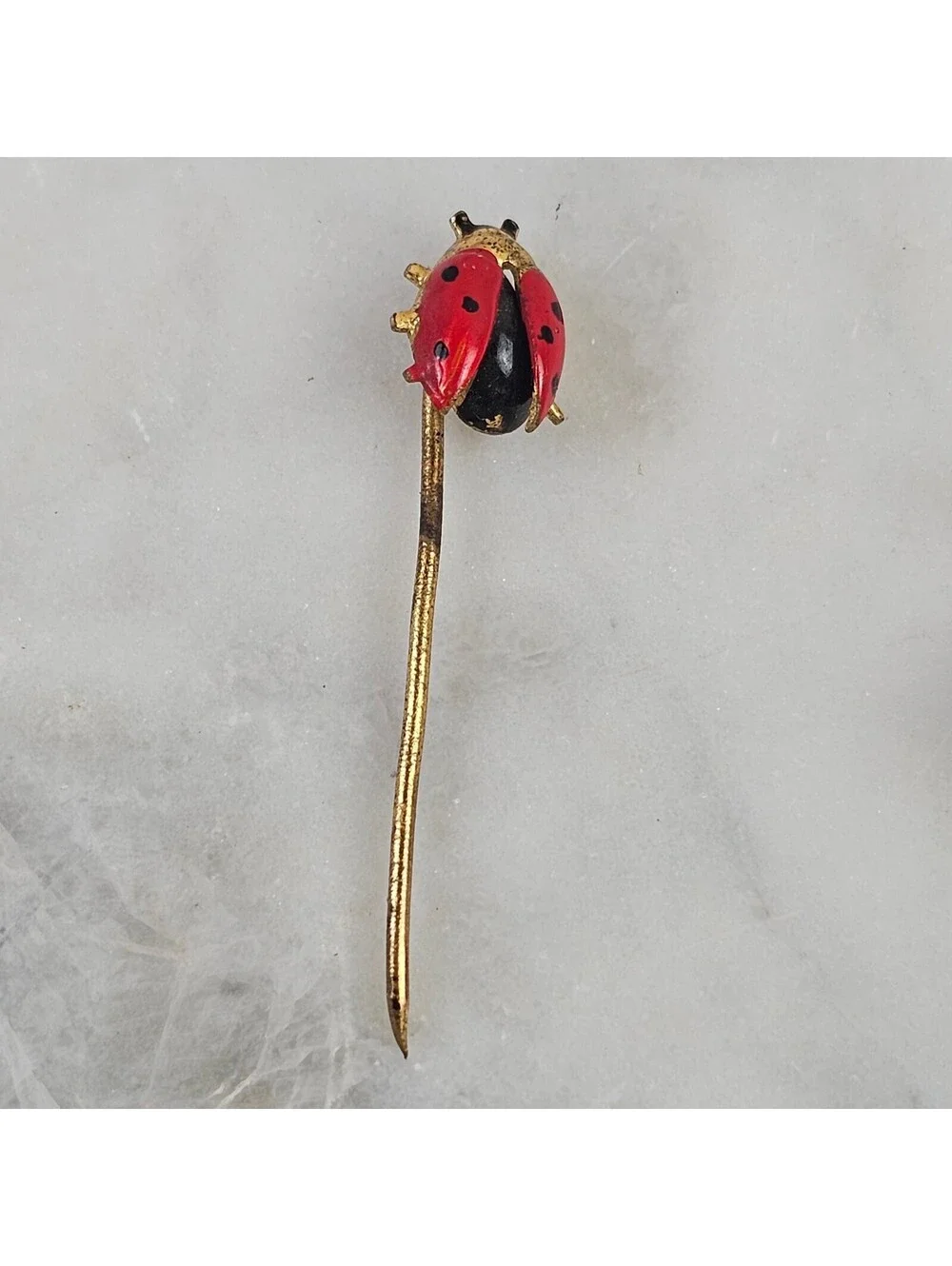 Vintage Ladybug Jewelry Set Brooch Stick Pin Post Earrings Red Enamel
